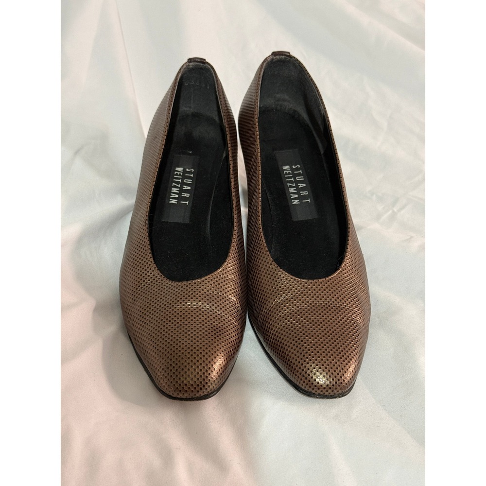 VTG Stuart Weitzman Bronze Metallic Eel Skin Block Heel Pumps Size 8 B Spain
